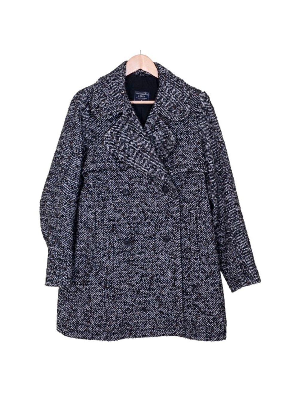 Abercrombie Fitch Pea Coat M Black Gray Speckled DB Wool Blend Herringbone Tweed